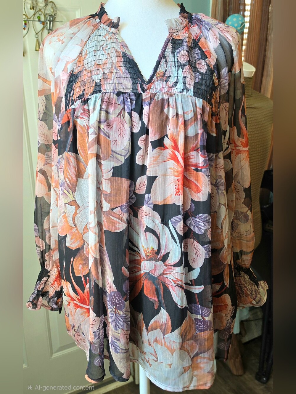 Entro Floral Sheer Flowy Peasant Blouse Womens S Coral Lavender Black Feminine